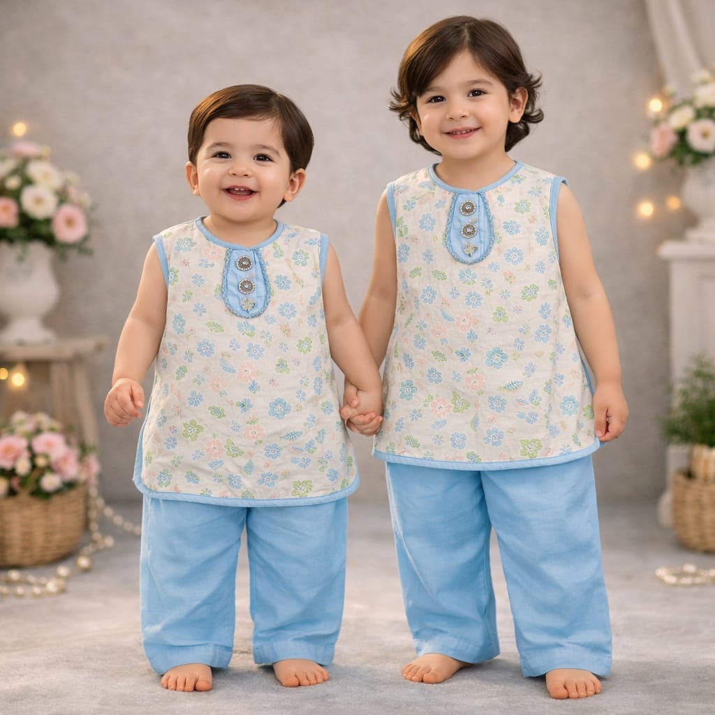 MOVA Floral Heritage Kurta Pant Set - Sky Blue