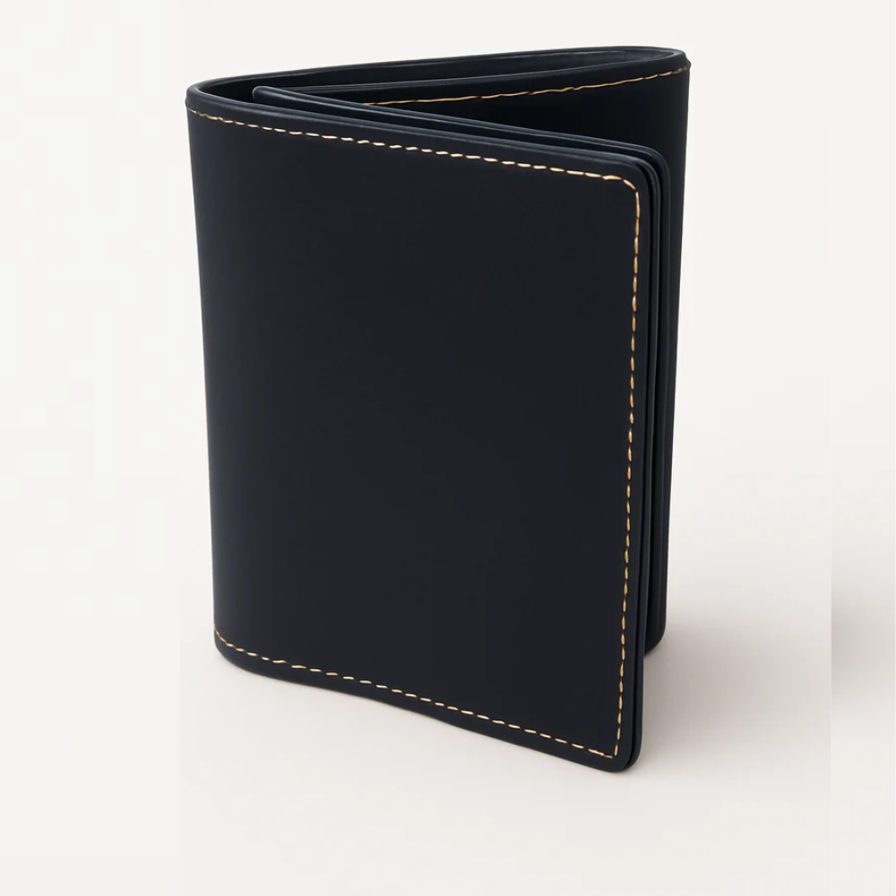 Men’s Black Genuine Leather Tri Fold Wallet with White Stitching