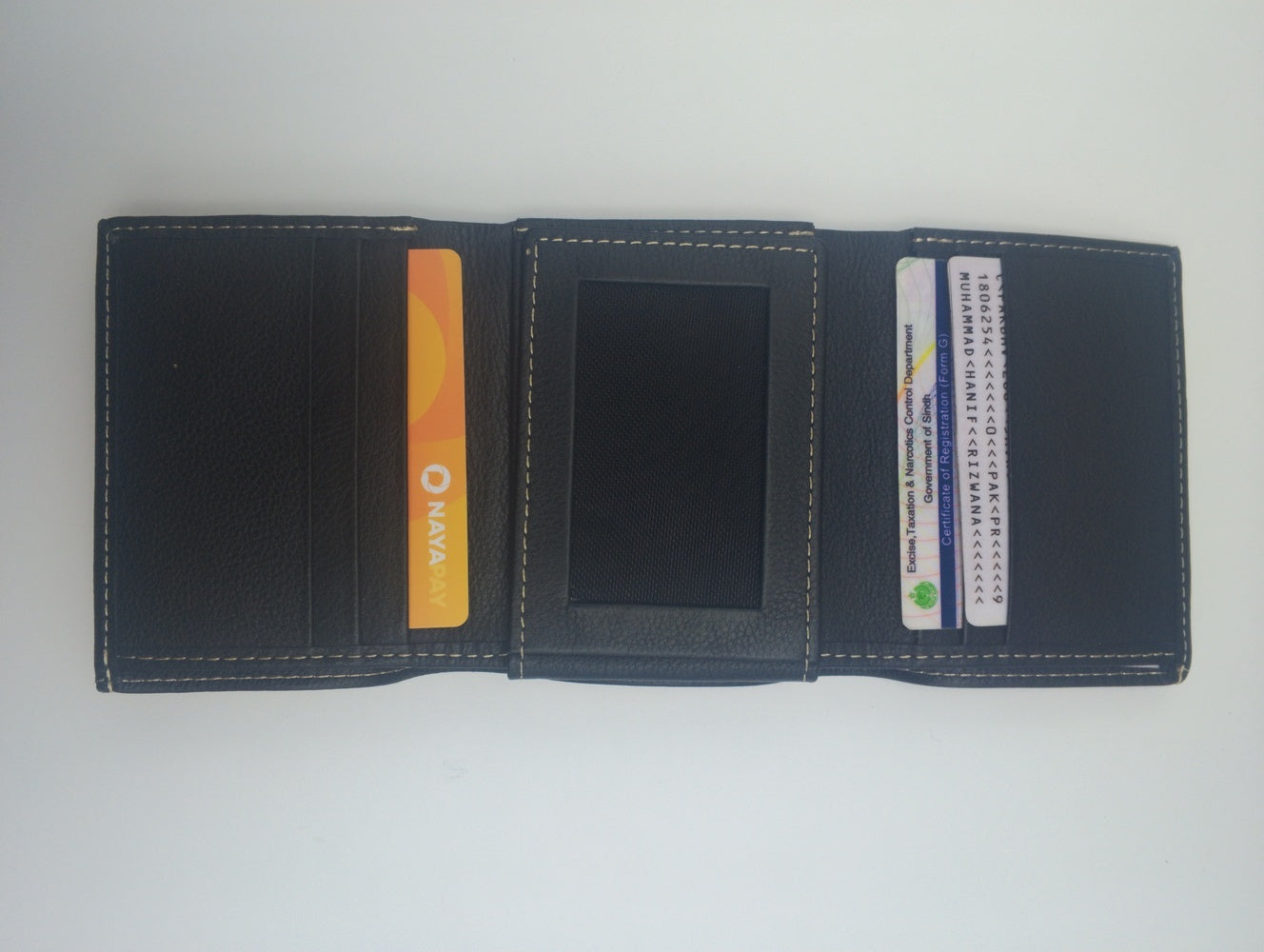 Men’s Black Genuine Leather Tri Fold Wallet with White Stitching