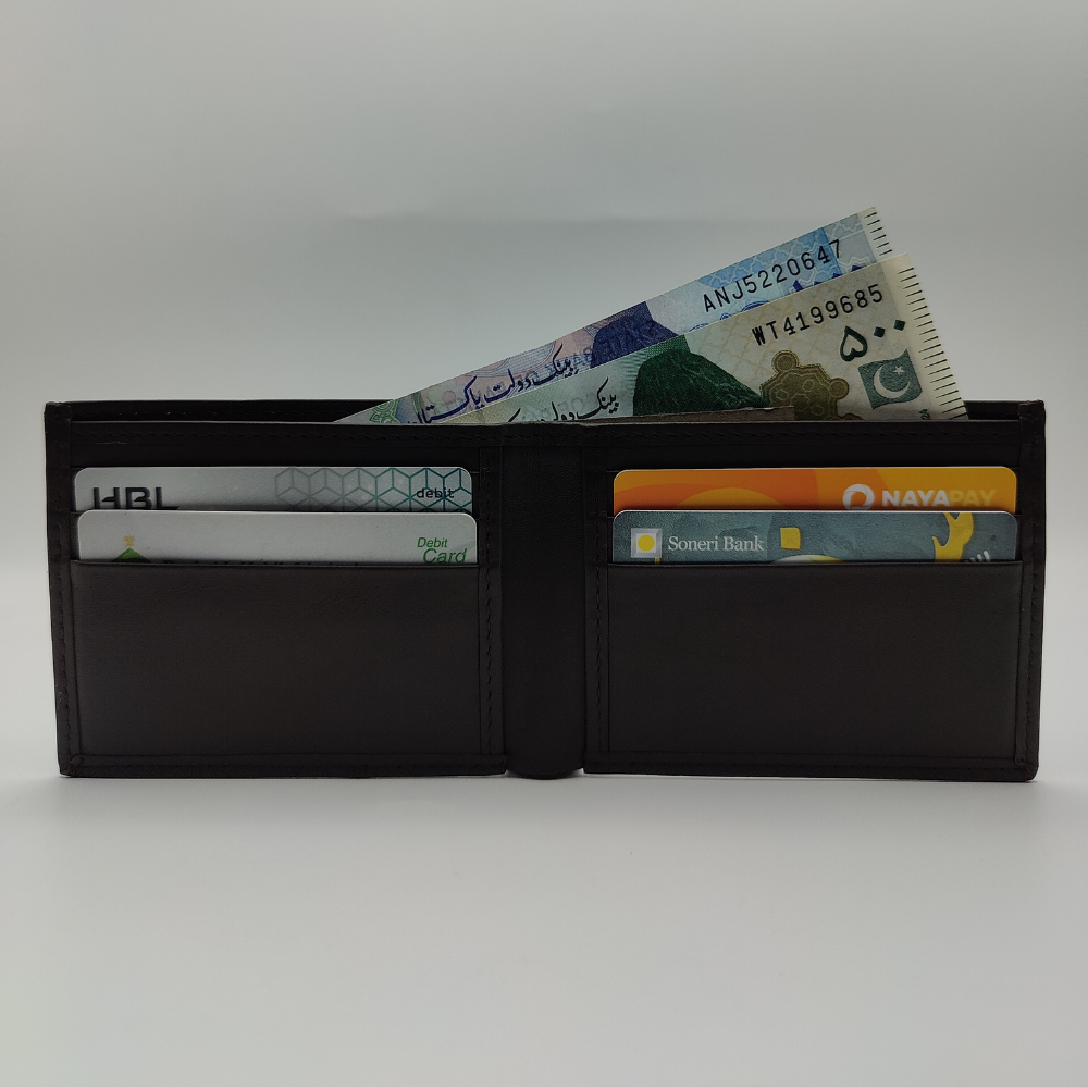 Dark Brown Leather Bi Fold Wallet with Logo Embossing