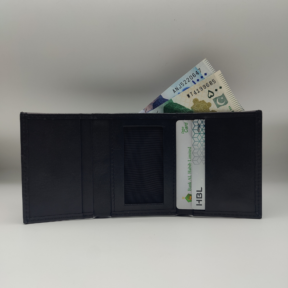 Black Leather Tri Fold Wallet with ID Window