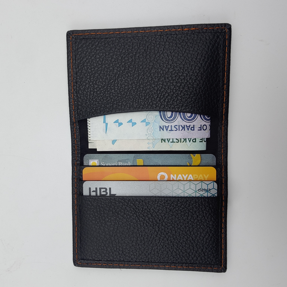 Black Textured Leather Card Holder Wallet with Orange Stitching