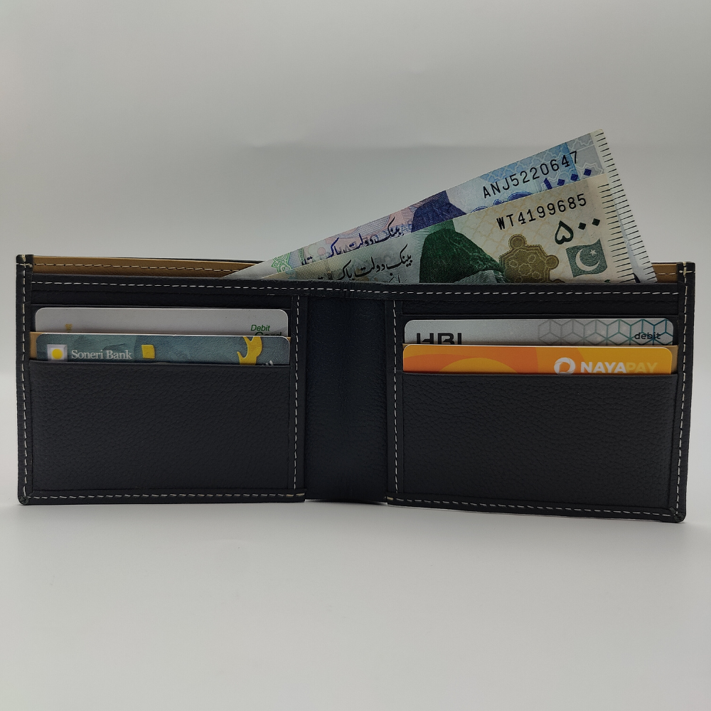 Men’s Black Textured Leather Wallet with White Stitching