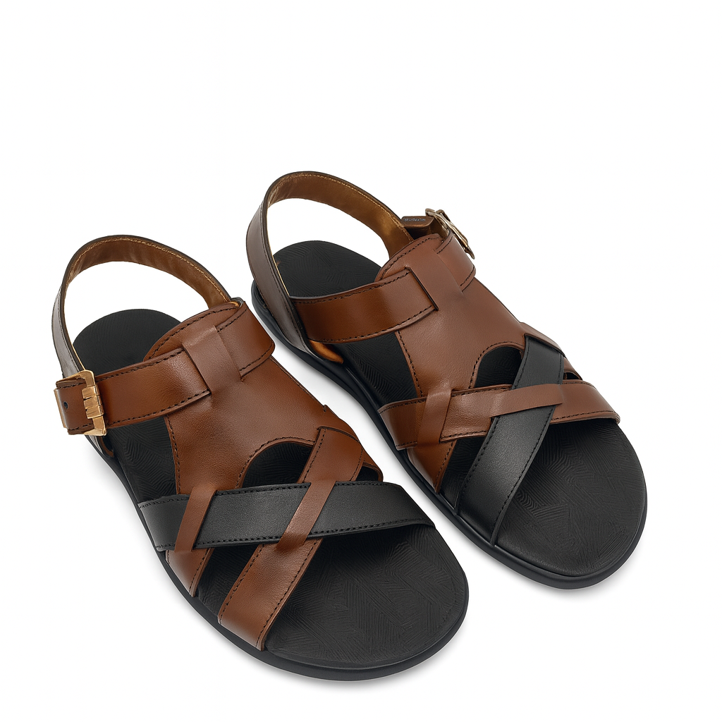 Men’s Genuine Leather Cross Strap Sandals 302 – Brown