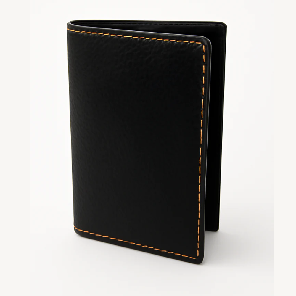 Black Textured Leather Card Holder Wallet with Orange Stitching