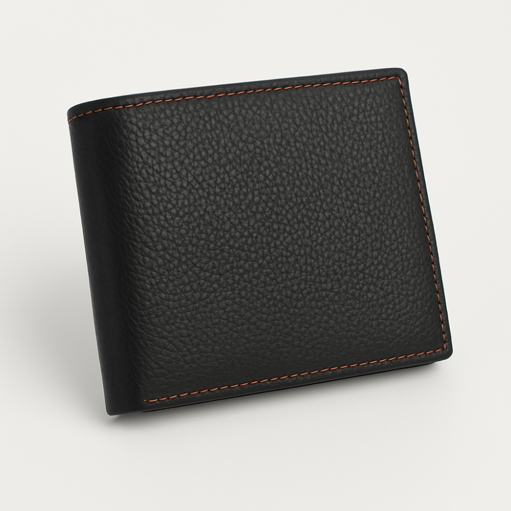 Leather Wallet - Black with Contrast Orange Stitching