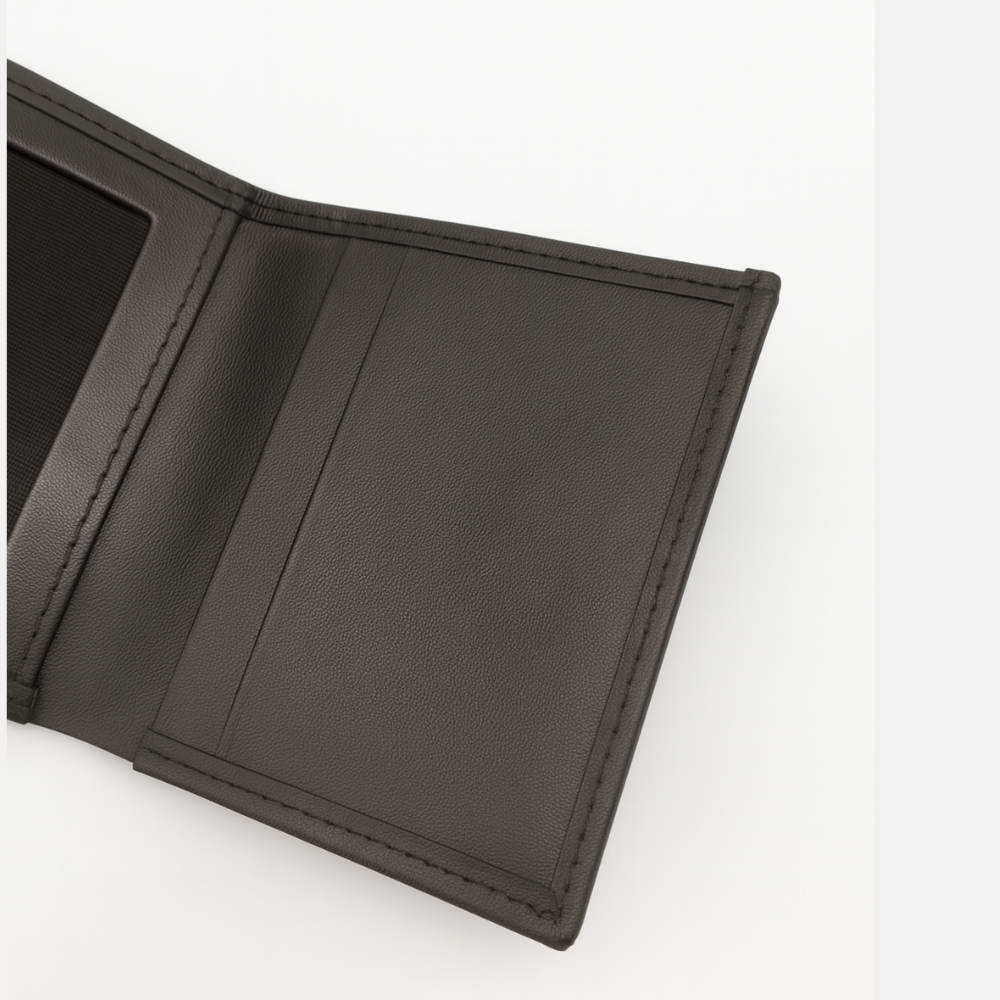 Black Leather Tri Fold Wallet with ID Window