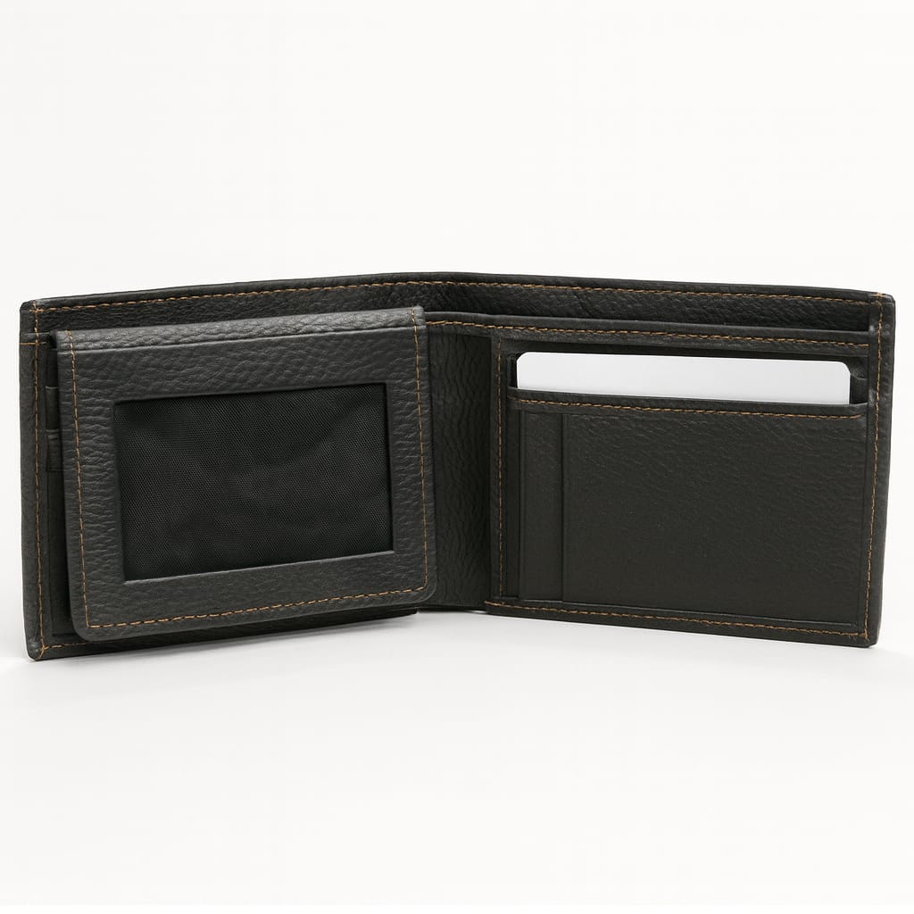 Leather Wallet - Black with Contrast Orange Stitching