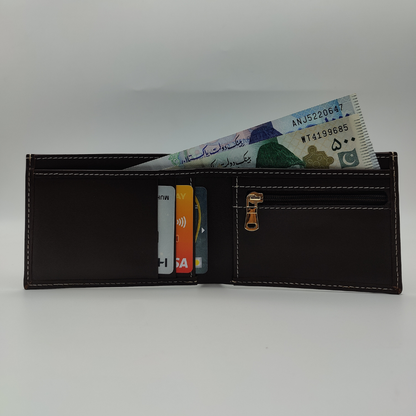 Dark Brown Leather Bi Fold Wallet with Zipper Pocket