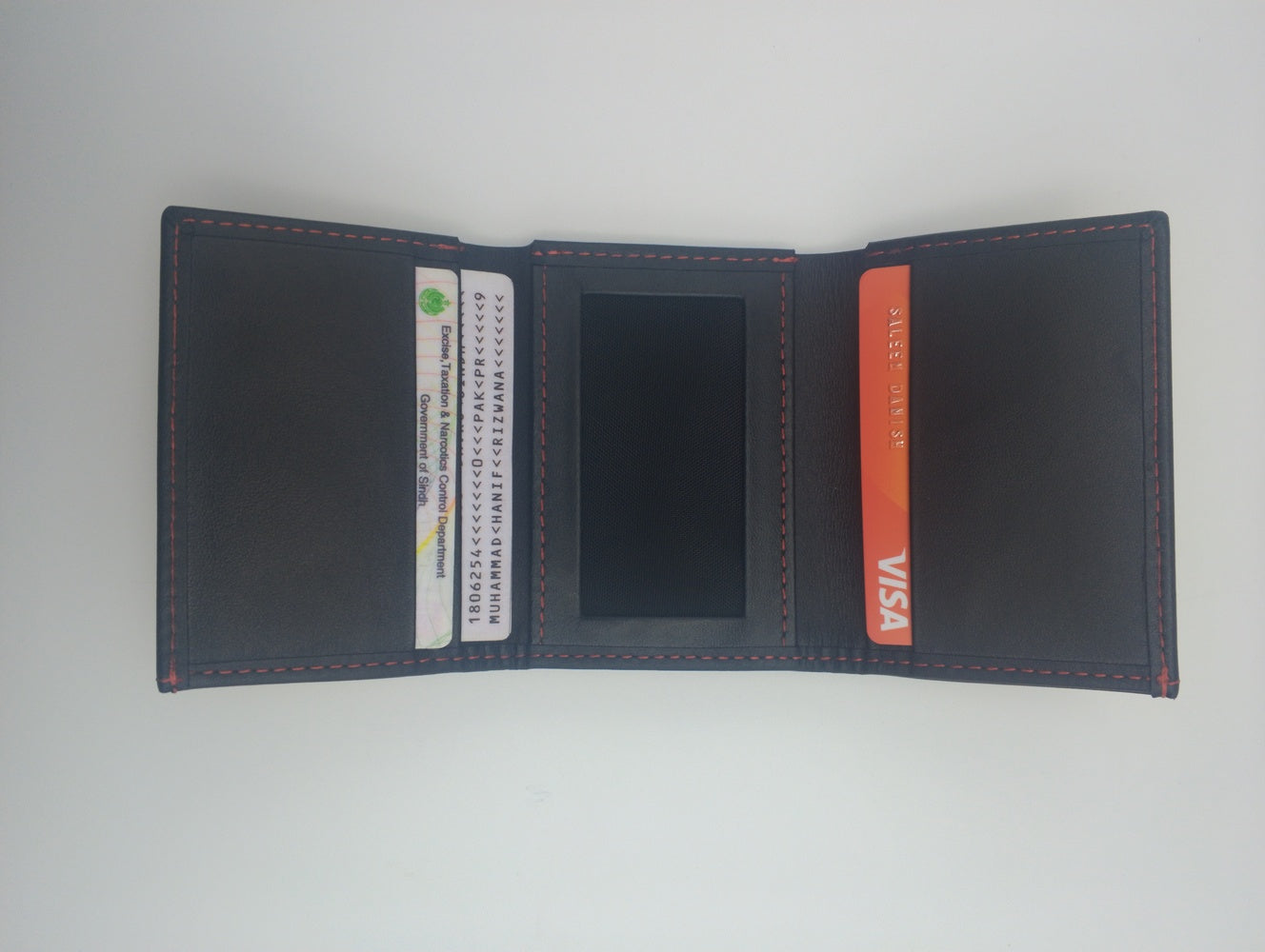 Black Leather Tri Fold Wallet with Red Stitching