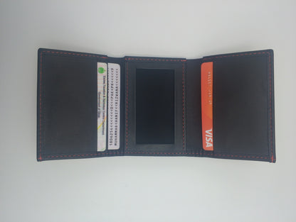 Black Leather Tri Fold Wallet with Red Stitching