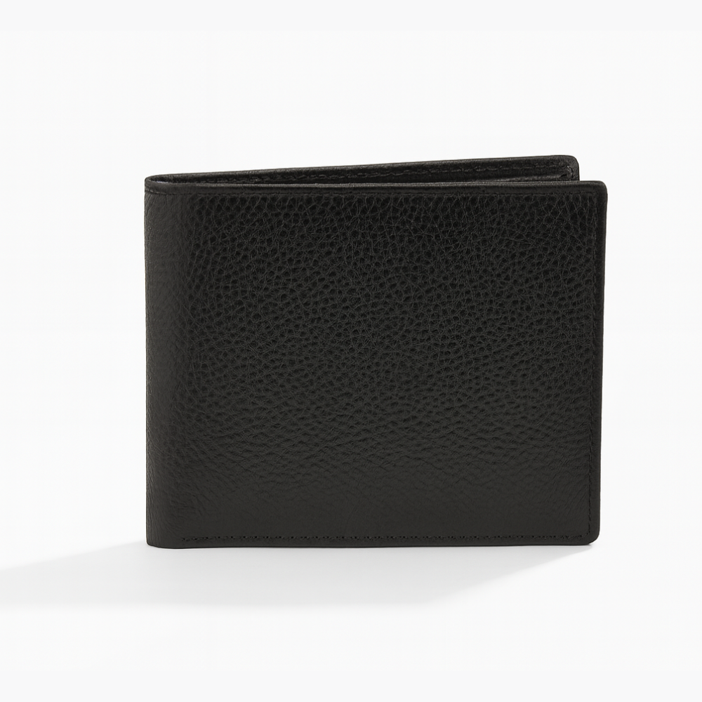 Men’s Black Full-Grain Leather Bifold Wallet – Classic Pebble Texture