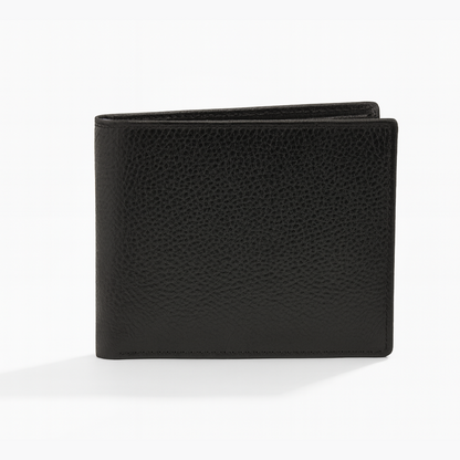 Men’s Black Full-Grain Leather Bifold Wallet – Classic Pebble Texture