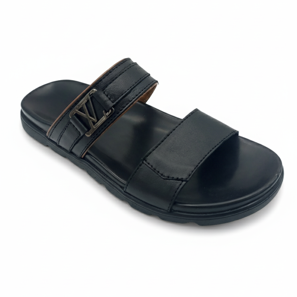 Men’s Genuine Leather Double Strap Slippers 303 – Black