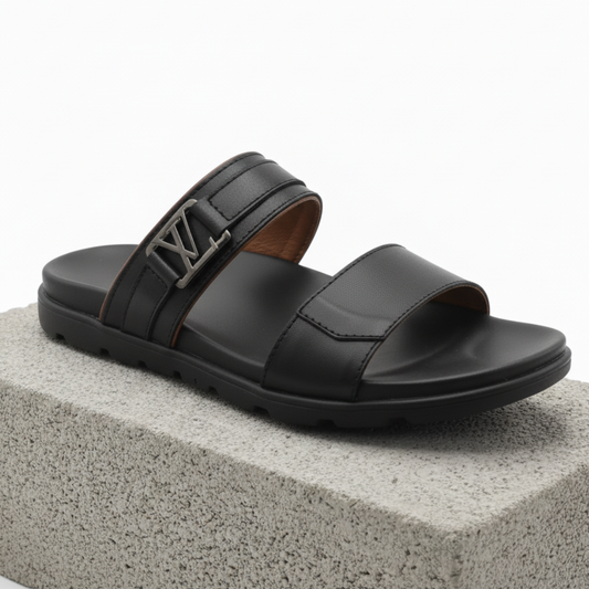 Men’s Genuine Leather Double Strap Slippers 303 - Black