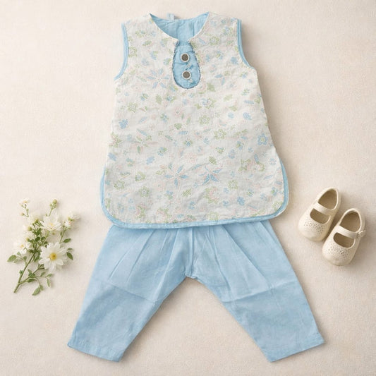 MOVA Floral Heritage Kurta Pant Set - Sky Blue