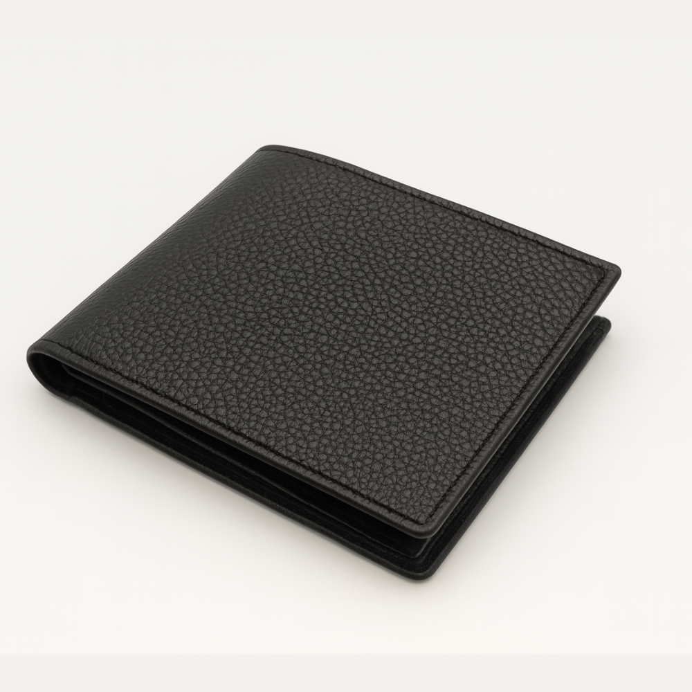 Men’s Black Full-Grain Leather Bifold Wallet – Classic Pebble Texture