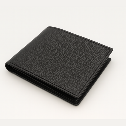 Men’s Black Full-Grain Leather Bifold Wallet – Classic Pebble Texture