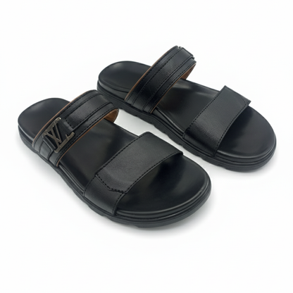Men’s Genuine Leather Double Strap Slippers 303 – Black