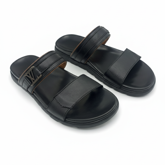 Men’s Genuine Leather Double Strap Slippers 303 – Black