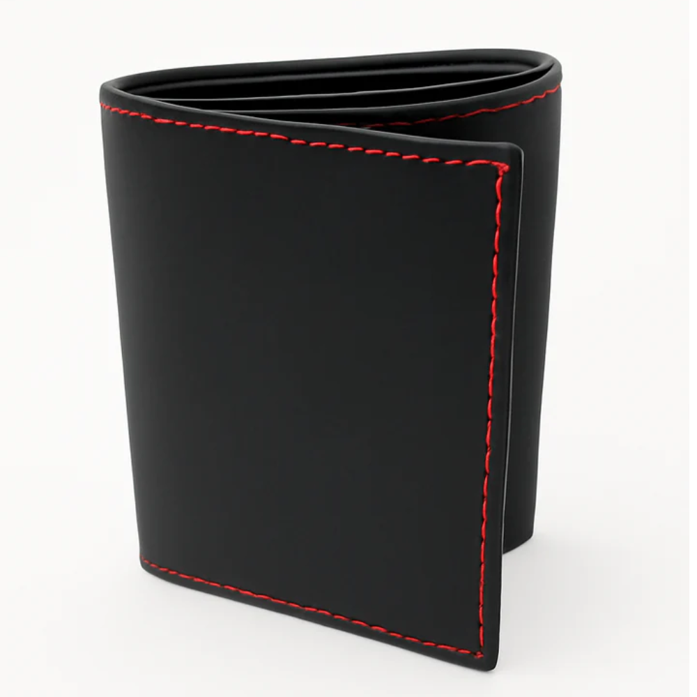 Black Leather Tri Fold Wallet with Red Stitching