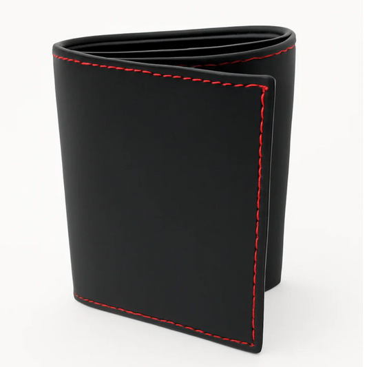 Black Leather Tri Fold Wallet with Red Stitching