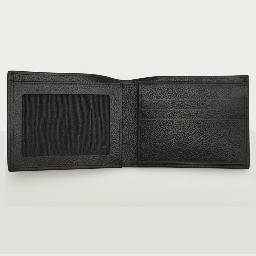 Men’s Black Full-Grain Leather Bifold Wallet – Classic Pebble Texture
