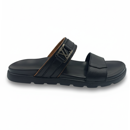 Men’s Genuine Leather Double Strap Slippers 303 – Black