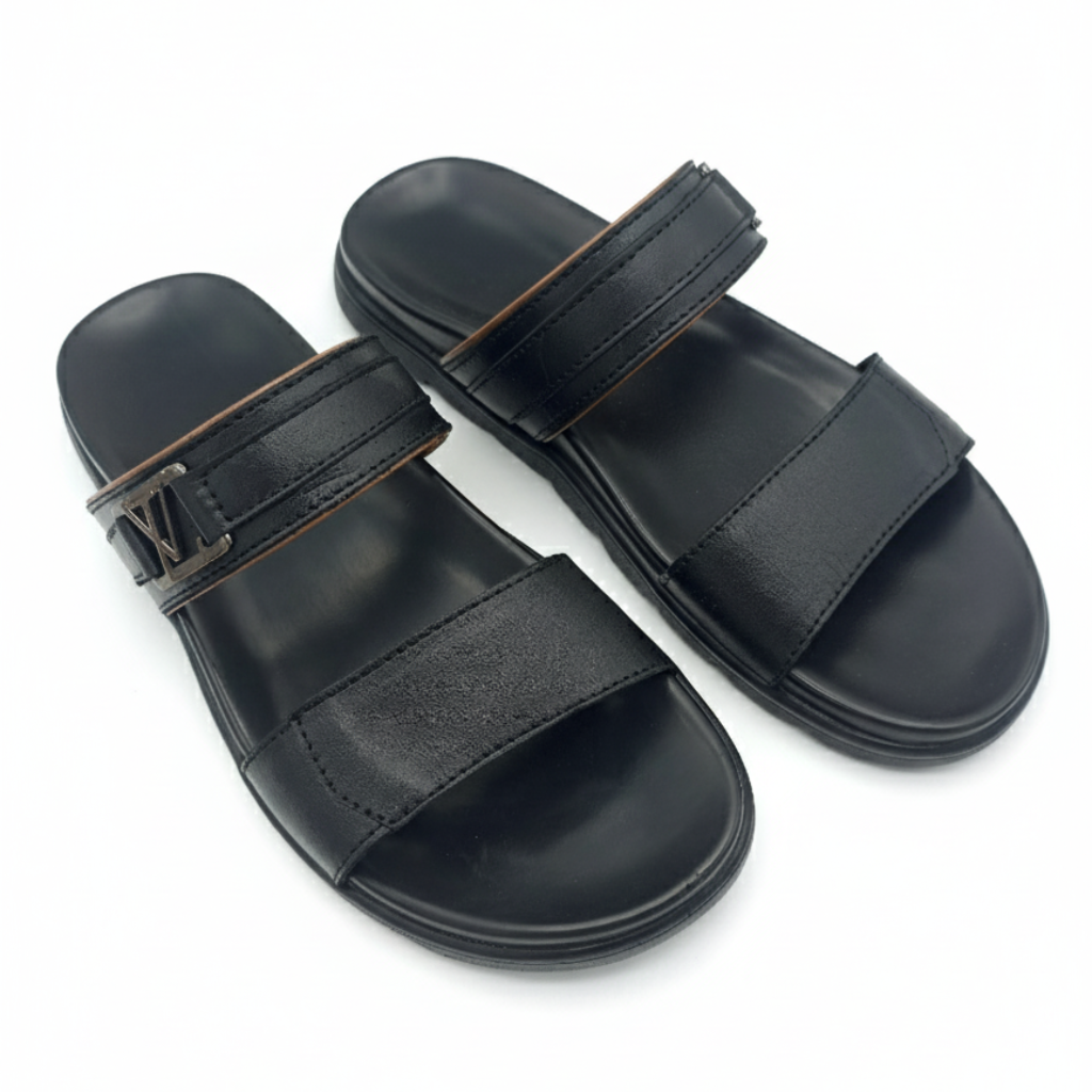Men’s Genuine Leather Double Strap Slippers 303 – Black