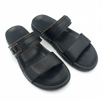 Men’s Genuine Leather Double Strap Slippers 303 – Black