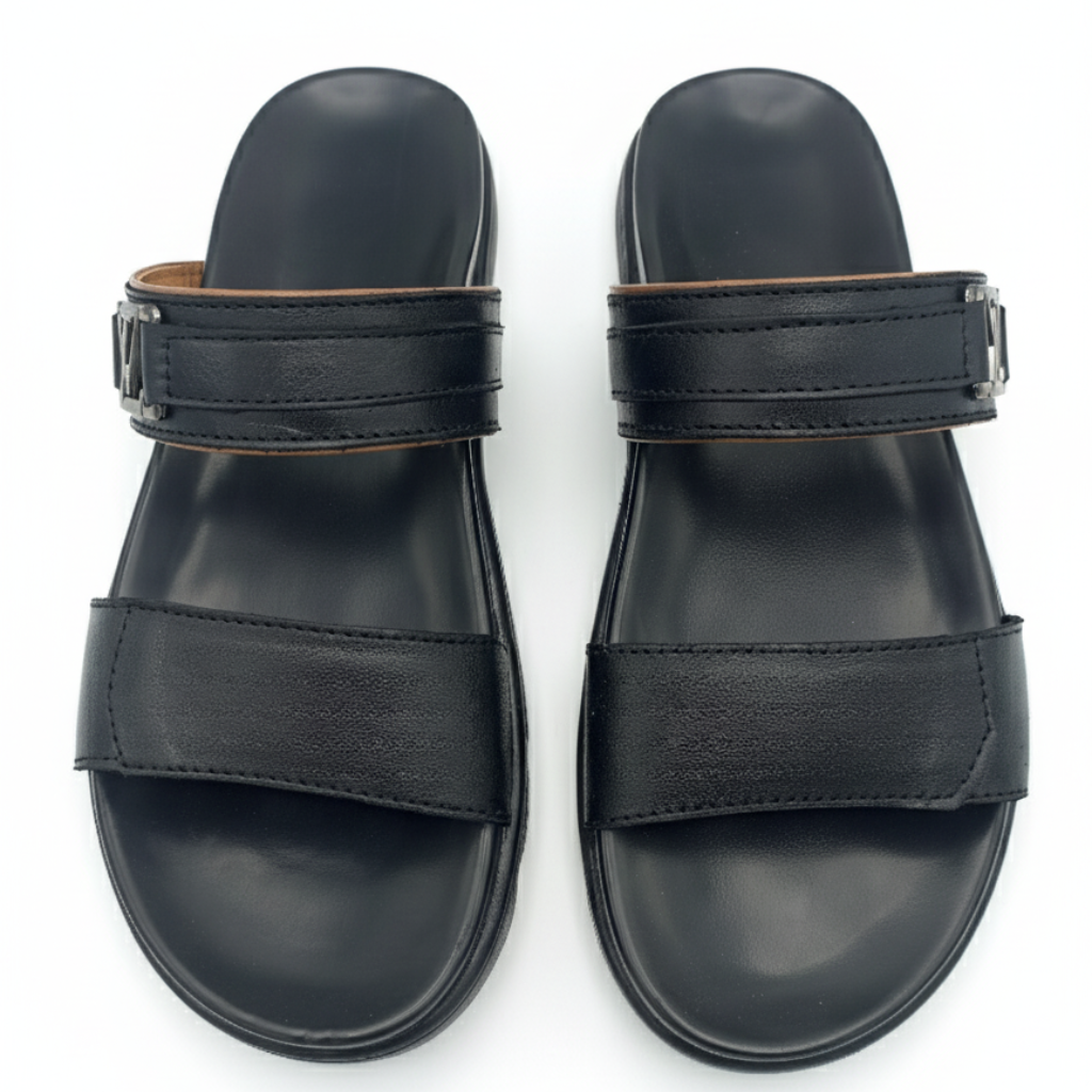 Men’s Genuine Leather Double Strap Slippers 303 – Black