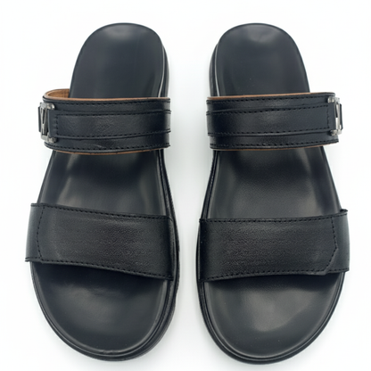 Men’s Genuine Leather Double Strap Slippers 303 – Black