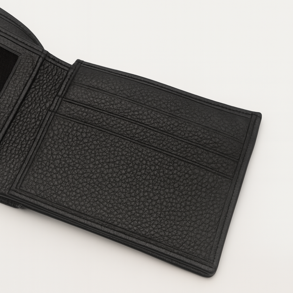 Men’s Black Full-Grain Leather Bifold Wallet – Classic Pebble Texture