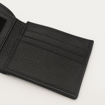 Men’s Black Full-Grain Leather Bifold Wallet – Classic Pebble Texture