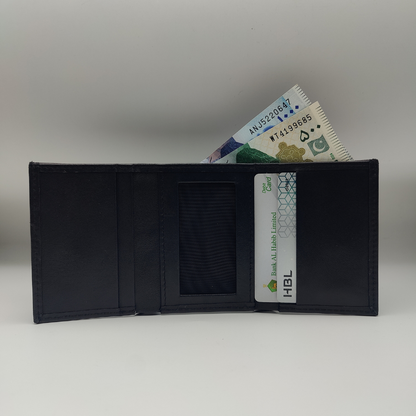 Black Leather Tri Fold Wallet with ID Window