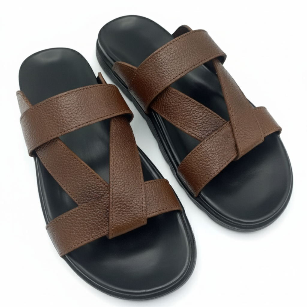 Men’s Genuine Leather Cross Slippers 305 – Brown