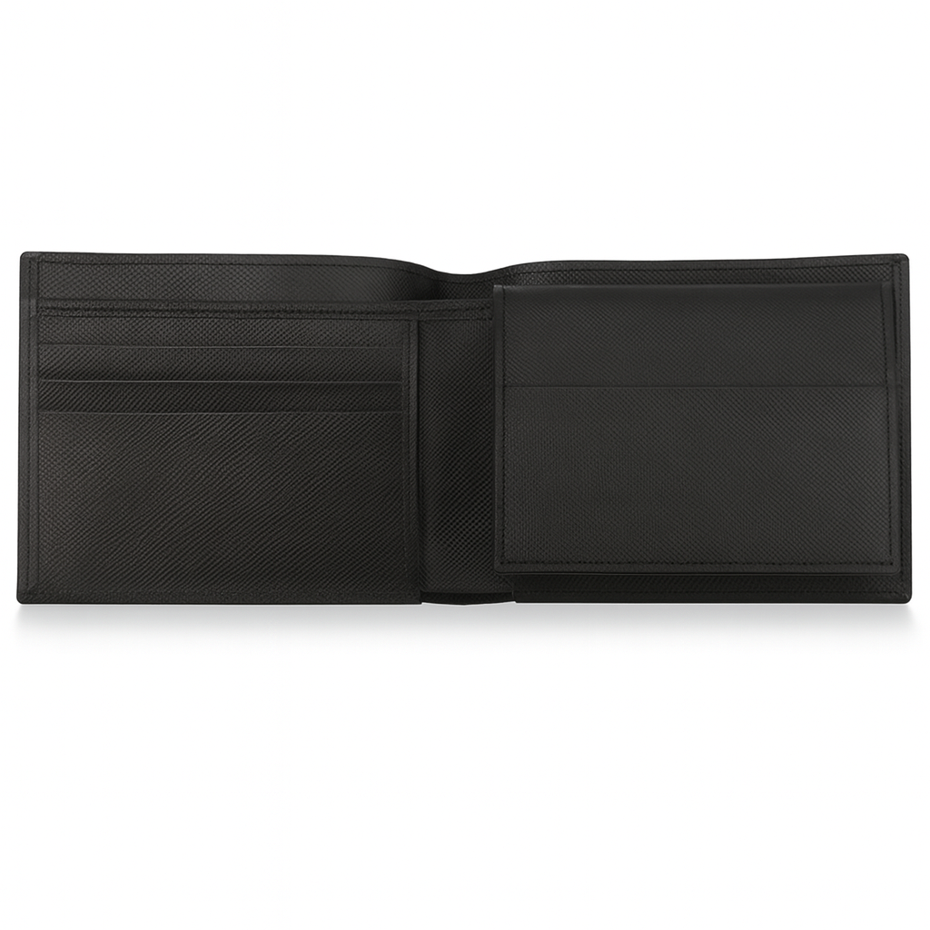 Classic Black Leather Bifold Wallet – with Card Slots & Coin Pocket