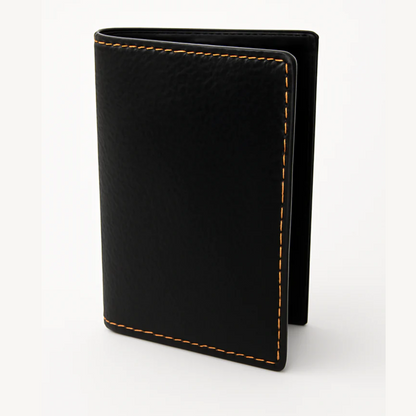 Black Textured Leather Card Holder Wallet with Orange Stitching
