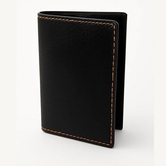 Black Textured Leather Card Holder Wallet with Orange Stitching