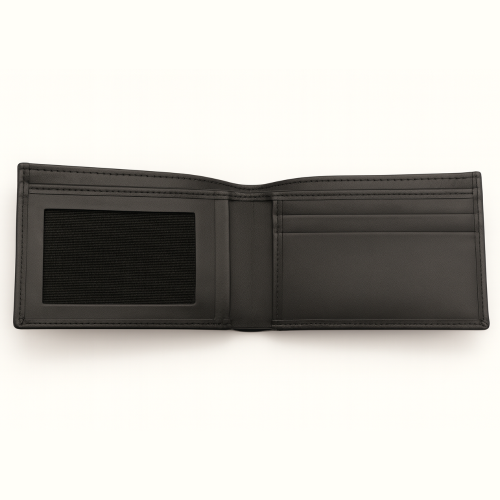 Men’s Black Plain Leather Bifold Wallet with ID Window
