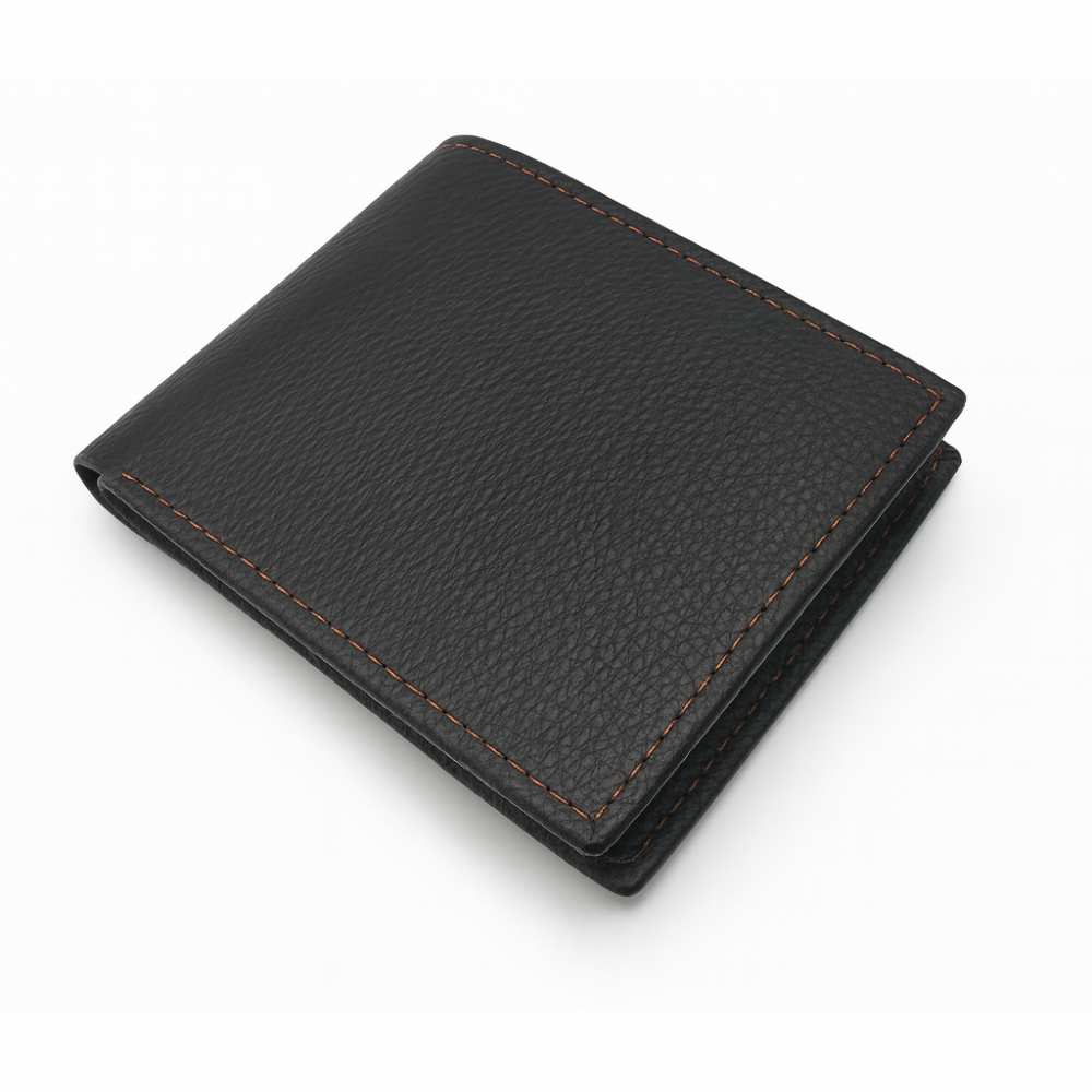 Leather Wallet - Black with Contrast Orange Stitching