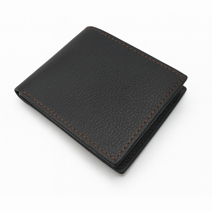 Leather Wallet - Black with Contrast Orange Stitching