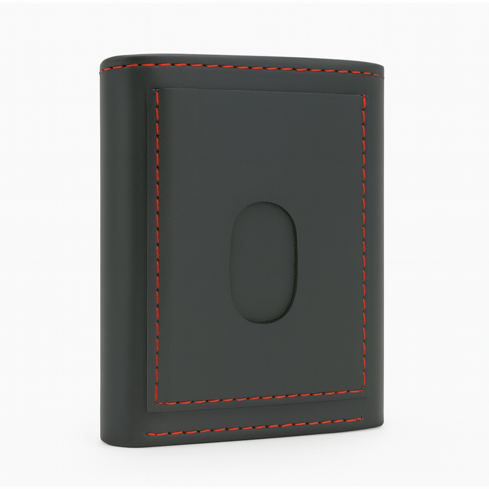 Black Leather Tri Fold Wallet with Red Stitching