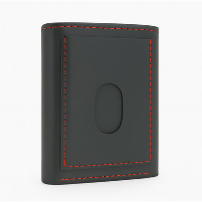 Black Leather Tri Fold Wallet with Red Stitching