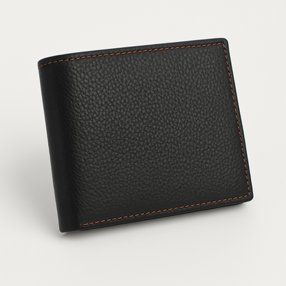 Leather Wallet - Black with Contrast Orange Stitching