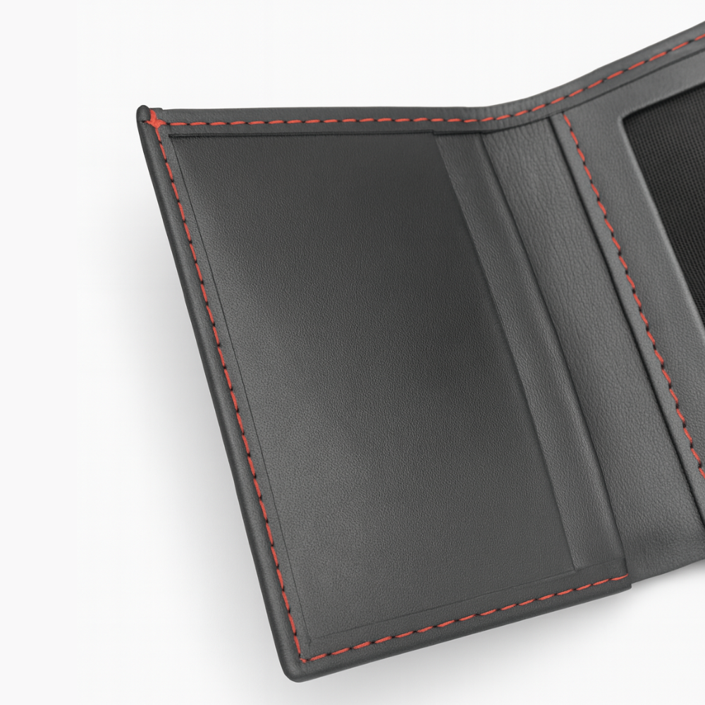 Black Leather Tri Fold Wallet with Red Stitching