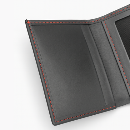 Black Leather Tri Fold Wallet with Red Stitching