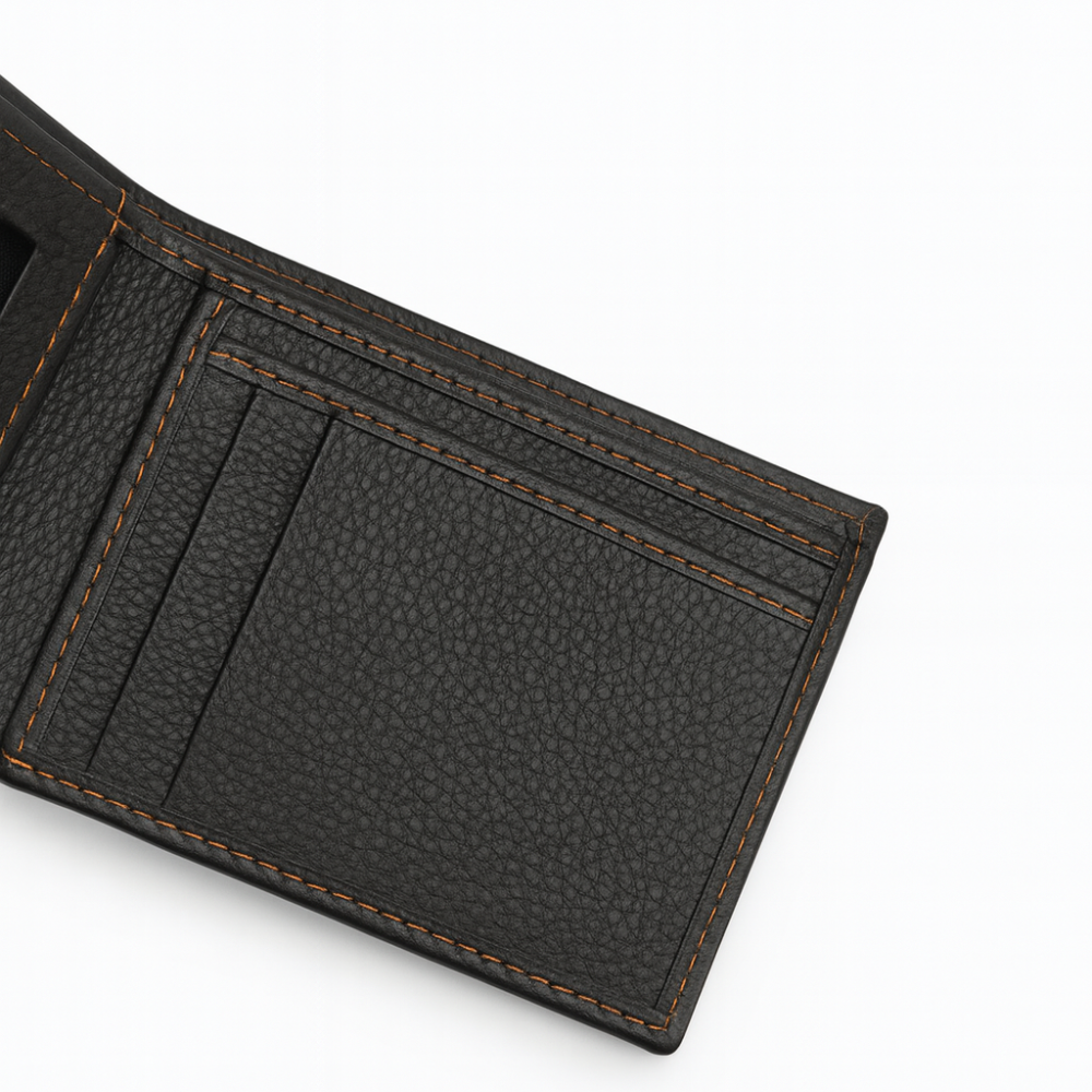 Leather Wallet - Black with Contrast Orange Stitching