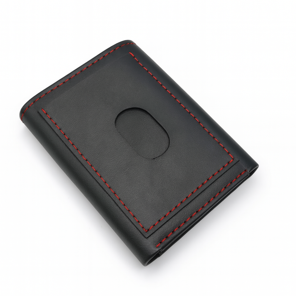 Black Leather Tri Fold Wallet with Red Stitching