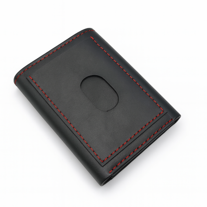 Black Leather Tri Fold Wallet with Red Stitching